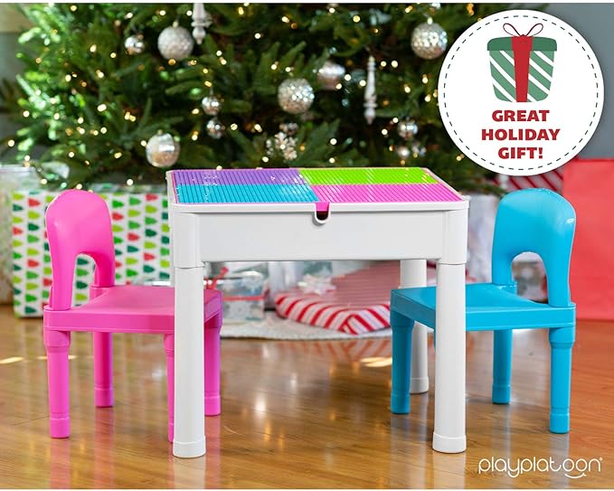 Play Platoon Kids Table and Chairs Set, Toddler 5 in 1 Pastel Activity Table - Sensory, Water, Art, Picnic, Blocks with Storage for Girls Ages 2 to 8 - with Pink and Blue Chairs