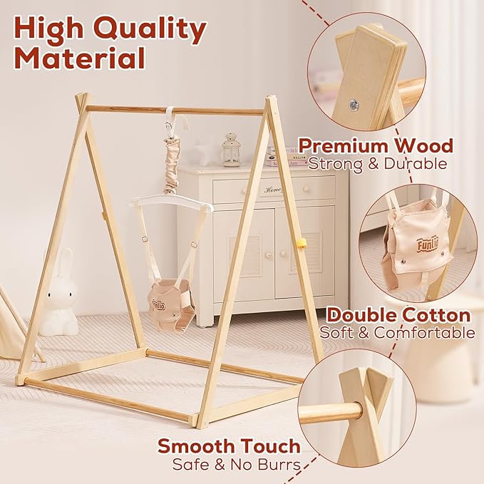 FUNLIO Montessori Wooden Baby Jumper with Stand for 6-36 Months, Adjustable Baby Bouncer for Indoor/Outdoor Play, Foldable Toddler Jumper for Baby Girl/Boy, Easy to Assemble & Store