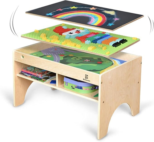 Kids 3-in-1 Wooden Art & Activity Table Playset Furniture with 4 Compartments for Storage, Play Table Compatible with Blocks&Bricks and Train Set for Preschool Toddler Boy & Girl (STD.)