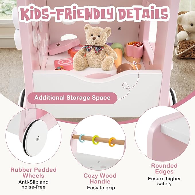 BABY JOY 2-in-1 Wooden Baby Walker, Montessori Activity Center w/Storage, Wheels, Kids Dessert Shop Walking Toy w/Ice Cream, Slider, Maze, Plate, Push Walker for Boys and Girls 1+ Years Old (Pink)