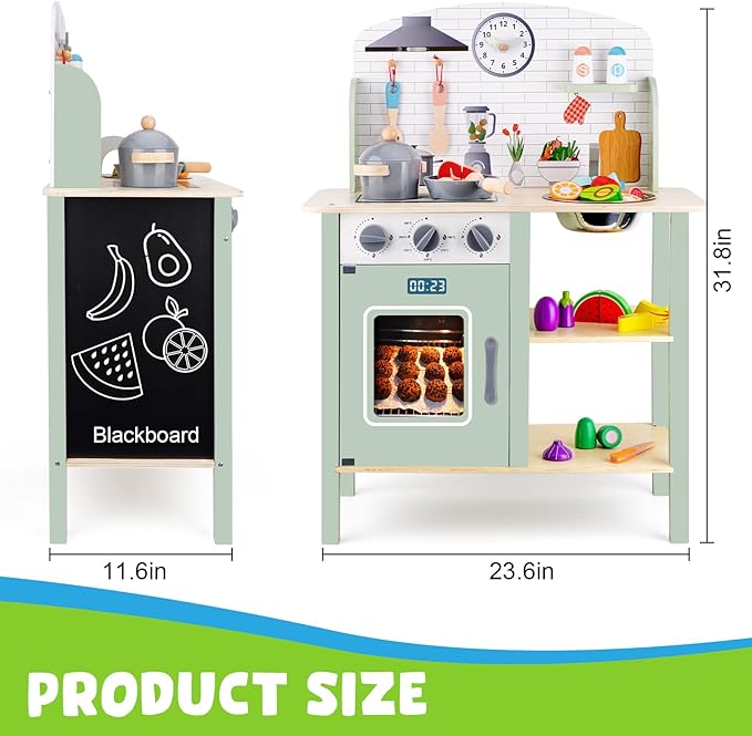 Wooden Play Kitchen for Toddlers 1-3, Kids Children Pretend Toy Kitchen Playset, Toys Kitchen with Realistic 24 Pieces Toy Accessory, Cutting Play Food Toys Gifts for Ages 3-8 Girls Boys