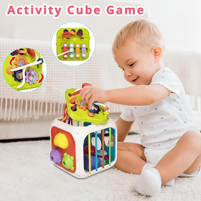 Montessori Toys for Toddlers, 7-in-1 Activity Cube, Shape Sorter Toy| Baby Developmental Learning Toys| First Birthday Gifts