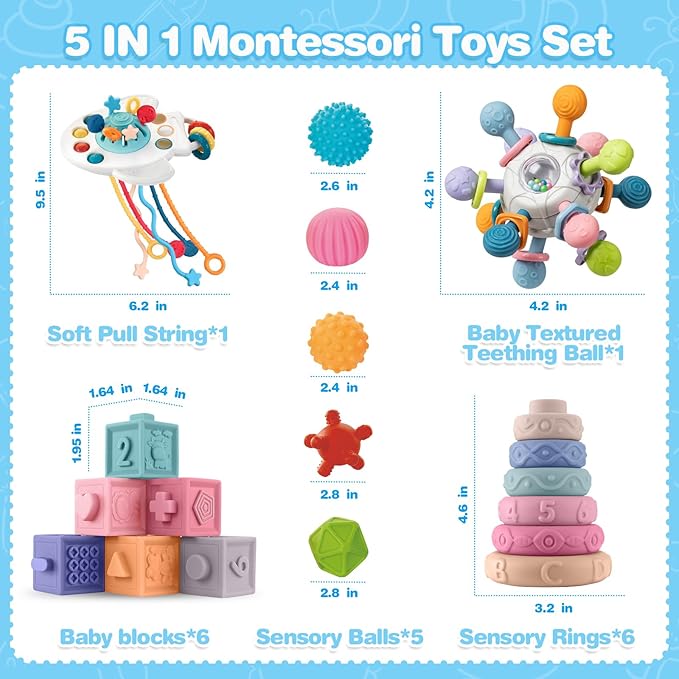 SpringFlower 0-3-6-12 Months Baby Toys, 5 in 1 Montessori Toys for Babies, Teething Toy & Stacking Building Block & Ring & Silicone Pull String, Sensory Development Baby Infant Toy, Gift for Babies