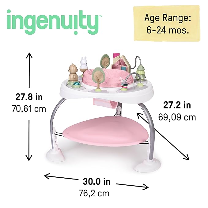 Ingenuity Spring & Sprout 2-in-1 Baby Activity Center Jumper and Table with Infant Toys - Ages 6 Months +, First Forest in Pink