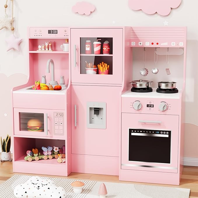 MAMIZO Wooden Play Kitchen for Kids, Toddler Toy Kitchen Playset, Large Interactive Pretend with 6 Kitchenware, Realistic Water Dispenser & Hood w/Lights & Sounds, Sink, Stove, Oven, Microwave (Pink)