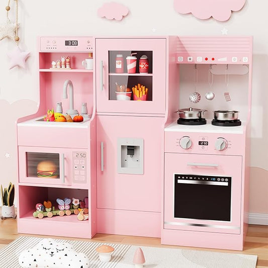 MAMIZO Wooden Play Kitchen for Kids, Toddler Toy Kitchen Playset, Large Interactive Pretend with 6 Kitchenware, Realistic Water Dispenser & Hood w/Lights & Sounds, Sink, Stove, Oven, Microwave (Pink)