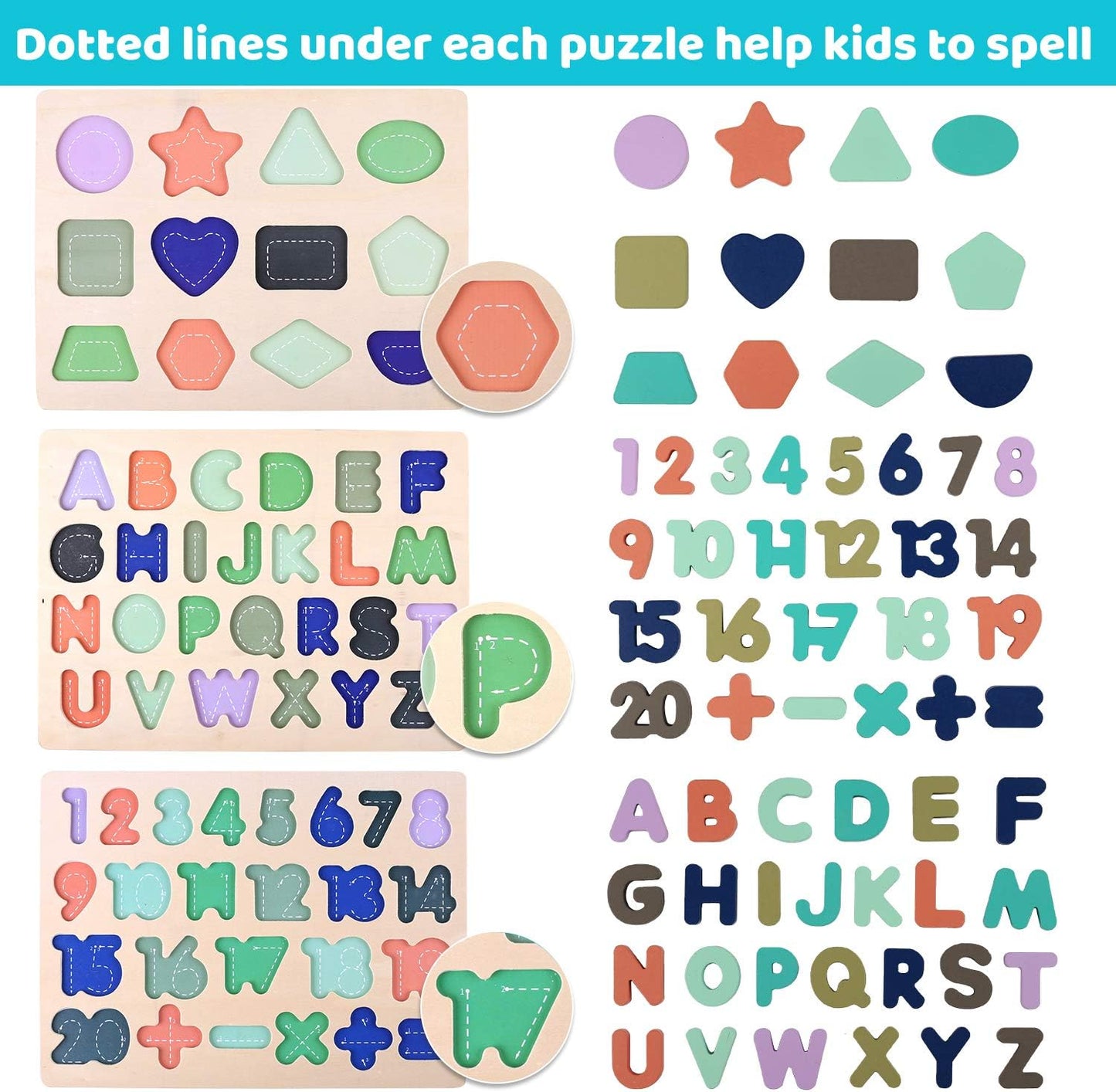 Wooden Puzzles for Toddlers, Voamuw Wooden Alphabet Number Shape Puzzle Toddler Education Learning Toys for Kids Ages 3 4 5 Years Old (Set of 3)