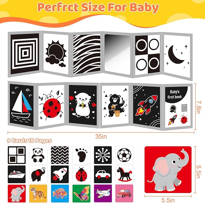 Tummy Time Toys with Baby Mirror & 9 Black White Contrast Cards, High Contrast Baby Book,Newborn Toys 0-3 6 Months for Visual Stimulation, Brain Development, Tummy Time Essentials
