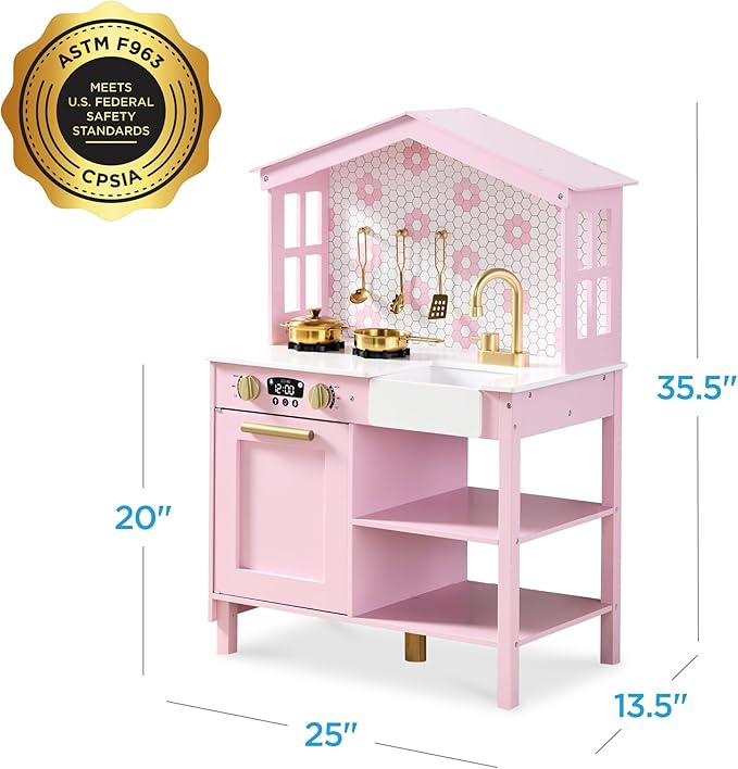 Best Choice Products Pretend Play Wooden Farmhouse Kitchen Set for Kids w/Toy Storage, Clicking Knobs, Windows, 5 Accessories Included - Rose