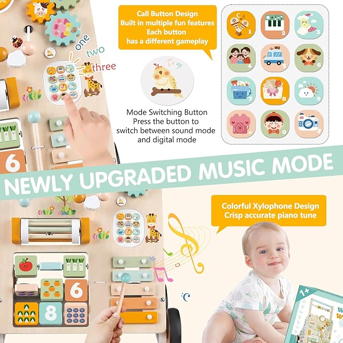 Wooden Baby Walker with Wheels, Push Walker with Baby Activity Center, Montessori Walking Toy for Girls Boys, Ajustable Speed & Height Activity Toy for Toddler Learning to Walk