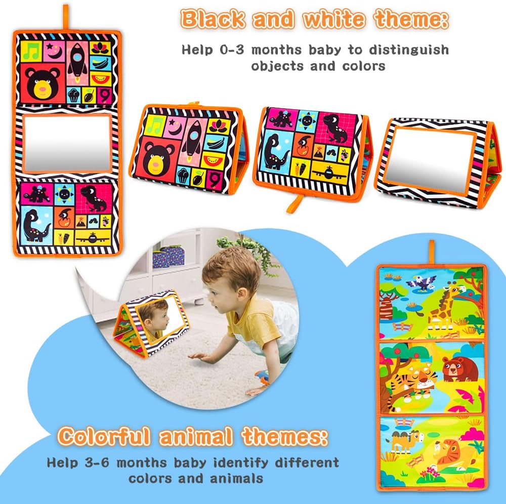 Tummy Time Toys,3-in-1 Tummy time Mat & Baby Mirror & Pillow- High Contrast Black and White Baby Toys for Early Education,Newborn Infant Activity Mat Set for 0 3 6 12 Month