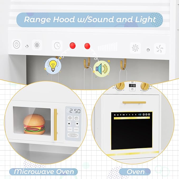 MAMIZO Wooden Play Kitchen for Kids, Toddler Toy Kitchen Playset, Large Interactive Pretend with 6 Kitchenware, Realistic Water Dispenser & Hood w/Lights & Sounds, Sink, Stove, Oven, Microwave (White)