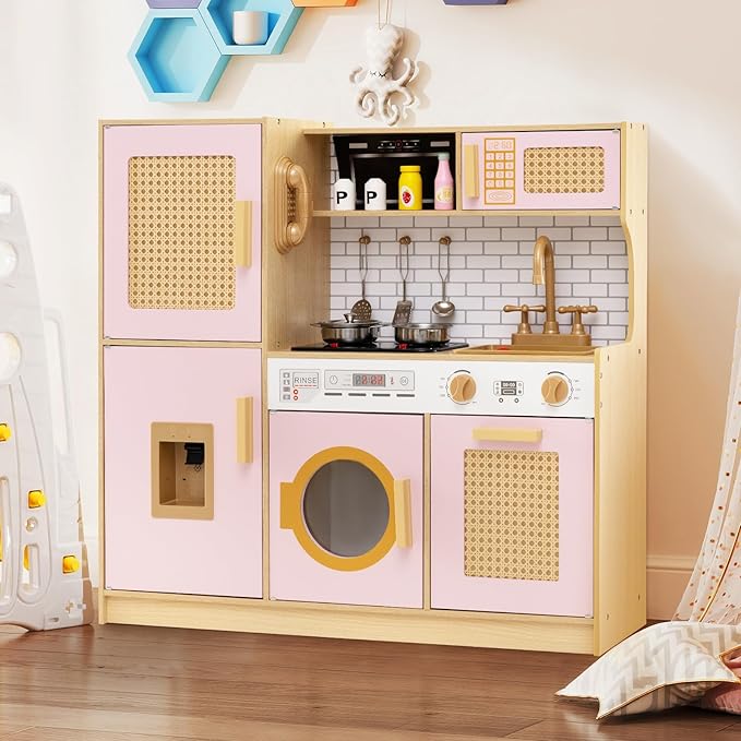 HONEY JOY Play Kitchen, Rattan Design Wooden Toy Kitchen Set for Toddlers, Stove with Lights & Water Dispenser, Range Hood, Cookware, Pretend Play Kids Kitchen Playset, Gift for Boys Girls (Pink)