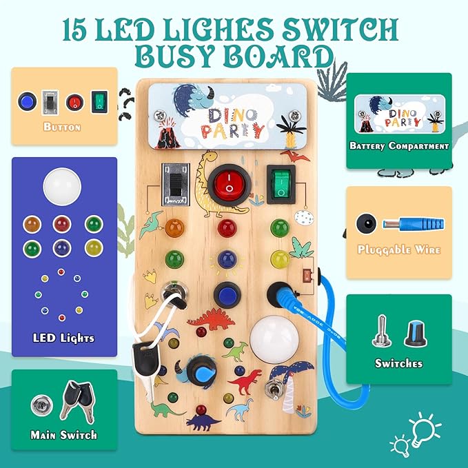 Hoarosall Dinosaur Busy Board with 8 LED Light Switches, Toddler Montessori Busy Board with Light Switch, Sensory Travel Toys, Montessori Toys for 1+ Year Old Boys