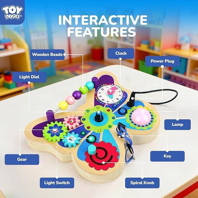 TOY Life Montessori Busy Board, Wooden Butterfly Sensory Board Toys for Toddlers with LED Light Up Switchs, Baby Fidget Boards Travel Toys, Christmas Birthday Gifts for 1+ Year Old Girls Boys