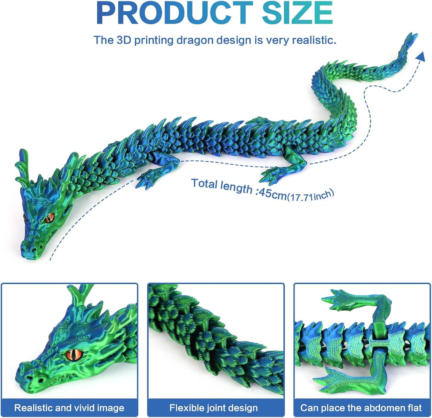 3D Printed Dragon, 17.7 Inch Articulated Dragon, Crystal Dragon, Dragon Fidget Toy, Home Office Decor Executive Desk Toys (Green)