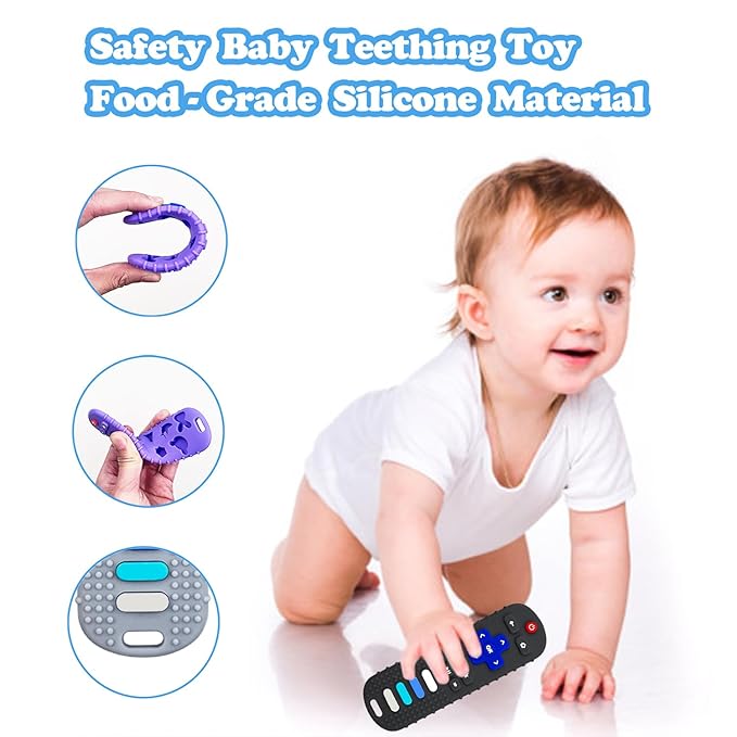 Baby Teething Toys, Food Grade Silicone Teether for Babies 3 6 12 18 Months, TV Remote Shape Toddlers Chew Toys, Freezer BPA Free (Purple+Khaki)
