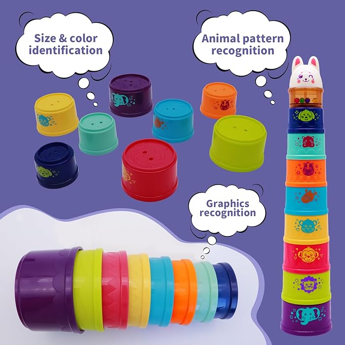 Bunny Baby Stacking Cups for Toddlers 1-3, Stacking Toys Plastic Stackable Cups for Babies 6-12 12-18 Months Toddler Toys 1-2 Nesting Color Learning Montessori Toy Gift for 1 Year Old Boy Girl