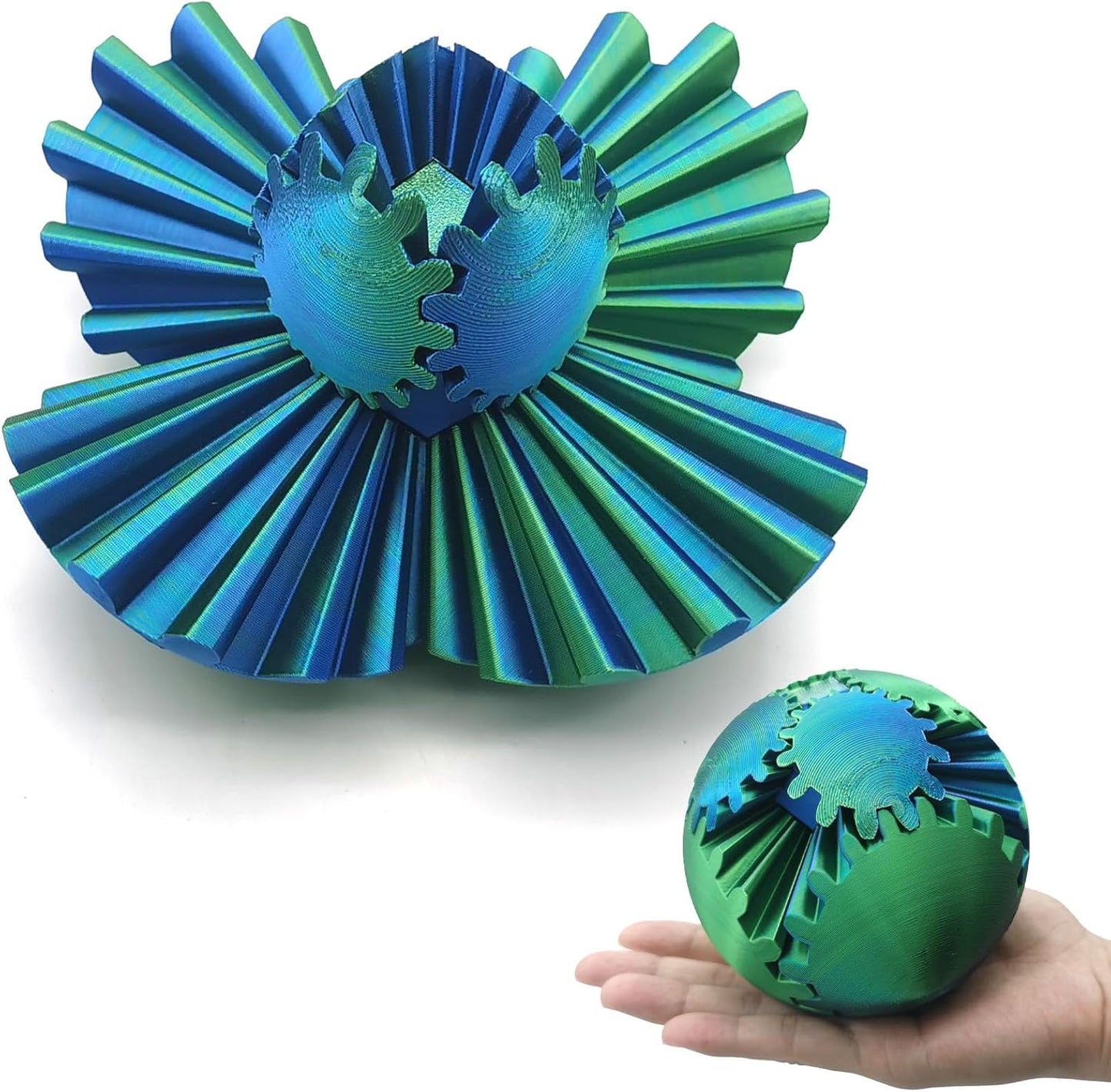 3D Printed Gear Ball Spin Ball, 4inch Large Gear Ball Fidget Toy, Gear Sphere Cube Puzzle, Gearball Fidget Desk Toy, Gearsphere Steampunk Whirling Wonder Fidget Stress Ball (Blue Green)
