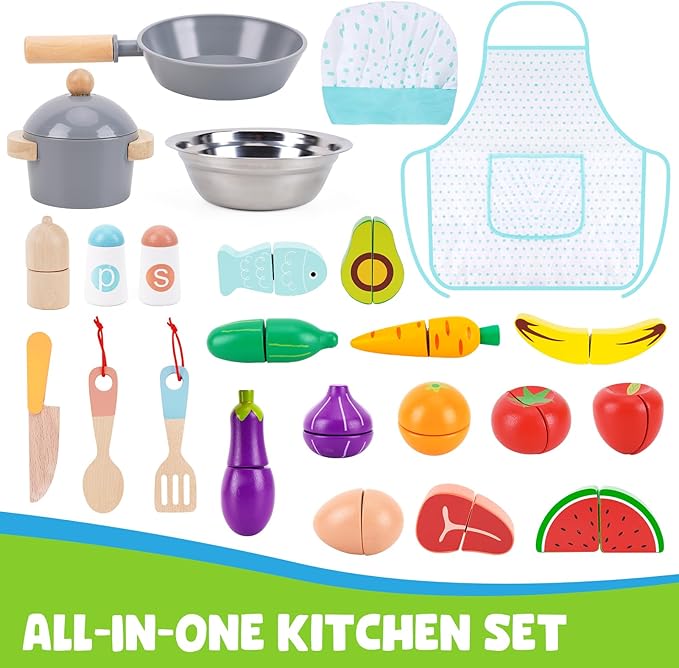 Wooden Play Kitchen for Toddlers 1-3, Kids Children Pretend Toy Kitchen Playset, Toys Kitchen with Realistic 24 Pieces Toy Accessory, Cutting Play Food Toys Gifts for Ages 3-8 Girls Boys