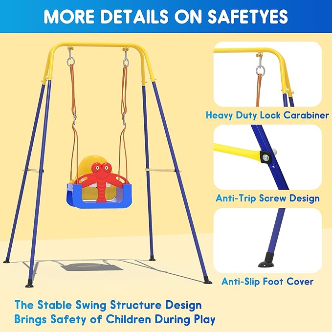 3-in-1 Toddler Swing Set, Baby Swing with Safety Belt, Indoor/Outdoor, Easy to Assemble Kids Swing Seat with Sturdy Metal Stand for Playground, Backyard and Nursery, Blue Yellow