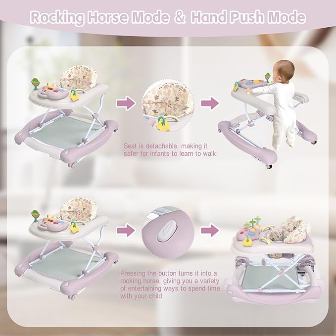 5 in 1 Foldable Baby Walker,Activity Baby Walker-Baby Bouncer,Rocker,Activity Center,Seat and Push Walker,Detachable Footrest Mat,Adjustable Speed Rear Wheels and Height,Ages 6-18 Months (Purple)