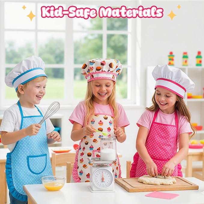 LovesTown Kids Cooking and Baking Sets, 32PCS Kids Chef Hat and Apron Pretend Play Toys for Toddler Gifts for Boys Girls