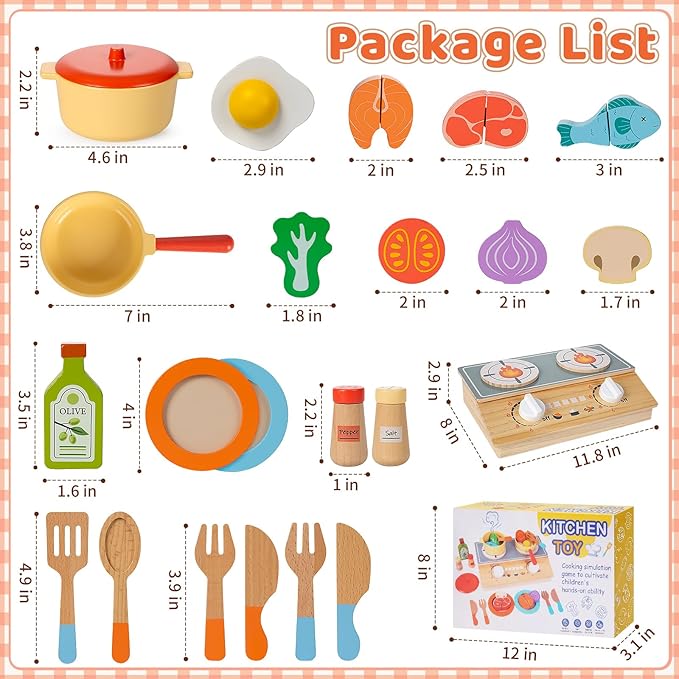 Play Kitchen Accessories, Wooden Pretend Play Cooking Playset with Interactive Sound and Storage Stove, Pots & Pans, Cuttable Play Food, Kitchen Toys for Kids Toddlers Girls Boys