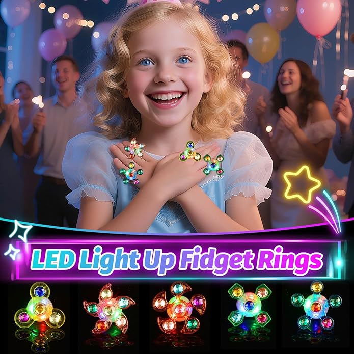 26 Pcs Glow Fidget Spinner Rings Bulk, LED Finger Lights Rotating Toy, Glow in The Dark Party Favor for Kids 4-12 Light Up Treasure Box Goodie Bag Basket Birthday Gifts for Boy Girl Christmas NewYear
