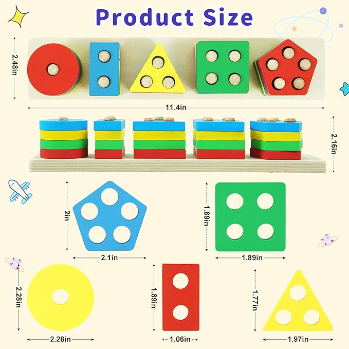 Shape Puzzles Wooden Color Sorting Toys for Toddlers 3 4 5 Year Old Matching Shape Sorters Toy Wooden Blocks Learning Educational Toys for Boys Girls Classroom Birthday Easter Gifts