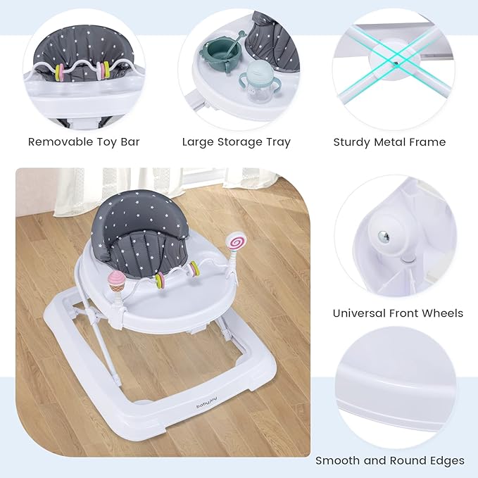 BABY JOY Baby Walker, Foldable Activity Walker with Adjustable Height, Large Tray & Removable Toys, Baby Walker with Wheels for Boys Girls 6-18 Months (Gray, Star Pattern)
