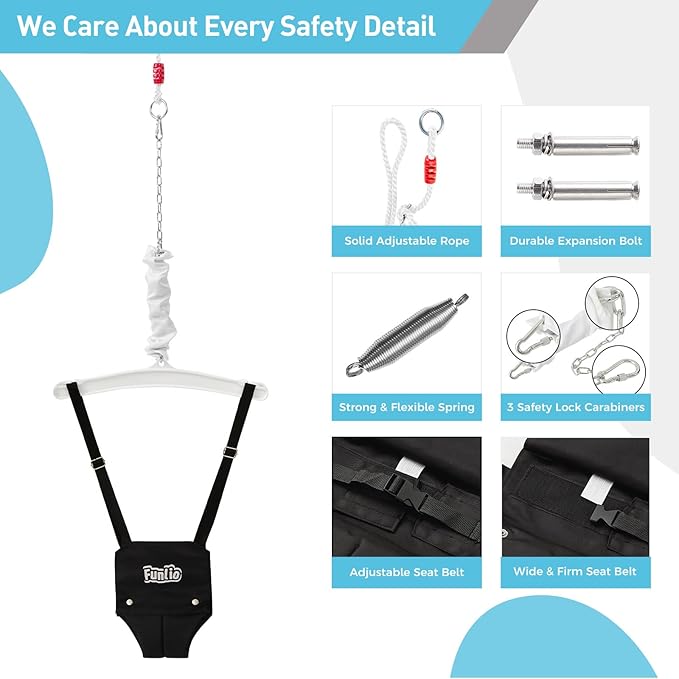 FUNLIO Baby Jumper with a Ceiling Hook for 6-24 Months, Infant Jumper Doorway with Adjustable Chain, Baby Door Jumper for Indoor/Outdoor Play, Easy to Assemble & Store (with a Ceiling Hook) - Black