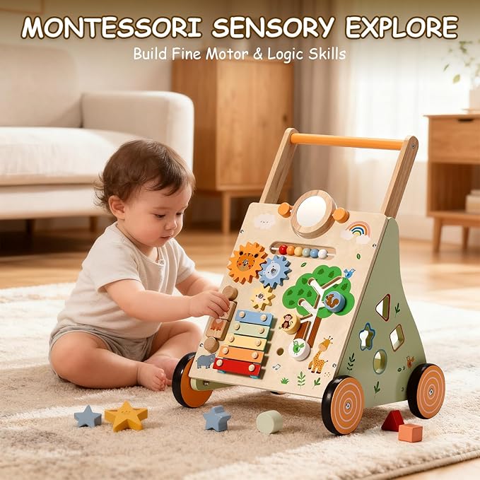 SainSmart Jr. Wooden Baby Walker, Adjustable Height and Speed Baby Push Walker, Montessori Activity Center for 6-12 Months, Push Walking Toys for 1 Year Old Boys Girls Learning to Walk, Animal Theme