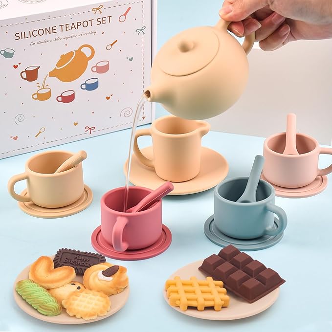 Silicone Tea Party Set for Little Girls Kids Toddlers Tea Set with Tea Pot Cups Food Pretend Play Kitchen Accessories Christmas Birthday Gift for Girls Age 3 4 5 6 Year Old Toys