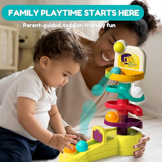 Montessori Ball Drop Toy for Toddlers 1-3, 2-in-1 Basketball Shooting Launcher with Spiral Ball Ramp Tower, Cause & Effect Preschool Learning, Birthday for Boys Girls