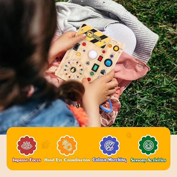 Hoarosall Montessori Toys Clock Wooden Busy Board with 11 LED Light switches, Tooddler Sensory Travel Toys for 1+ Year Old Baby and Toddler