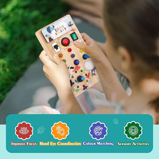 Hoarosall Dinosaur Busy Board with 8 LED Light Switches, Toddler Montessori Busy Board with Light Switch, Sensory Travel Toys, Montessori Toys for 1+ Year Old Boys