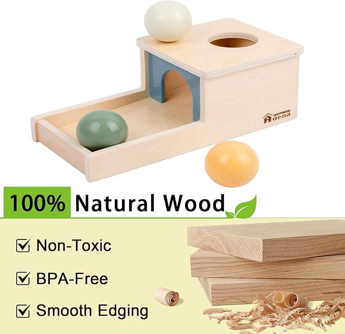 Adena Montessori Wooden Toy for 6-12 Month Baby 3 Balls, Object Permanence Box with Tray Colorful Learning Education Toy for Toddler Kid 1-2 Year Old, Preschool Developmental Girl and Boy Gift
