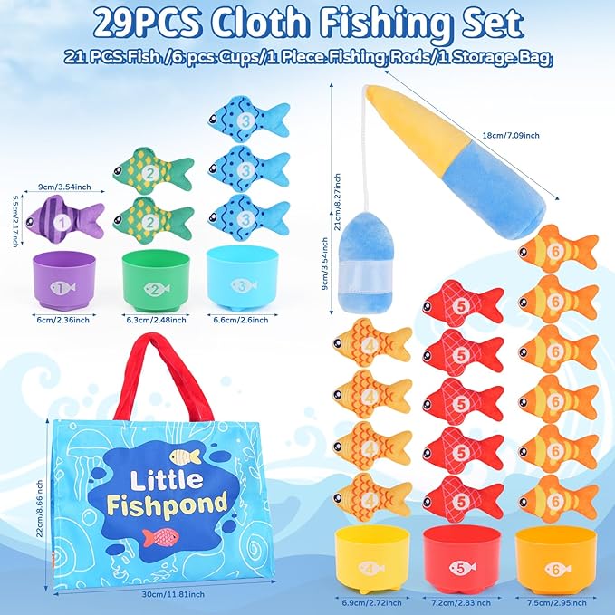 29PCS Montessori Toddler Toys for Baby Boy Girl, Cloth Fishing Game Set with Stacking Cups, Learning Toys for Number & Color Sorting, Birthday Toys Gifts for Babies Toddlers