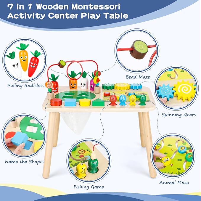 Activity Table, Montessori Toys for 1 2 Year Old Girls Boy Gifts, 7 in 1 Wooden Sensory Play Table for Toddler 1 2 3, Learning Toys for Baby 12-18 Months 1st Christmas Birthday Gifts
