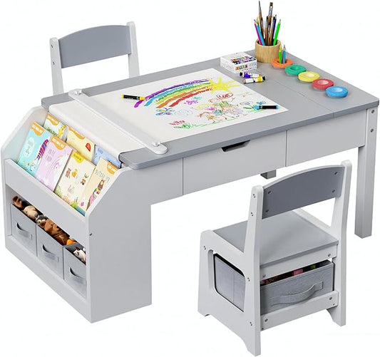 5-in-1 Kids Art Table and Chairs, Toddler Table and Chair Set, Craft Play Desk for Kids, Convertible Art Easel with Paper Roll Holder & Storage Drawers, Children Activity Learning Center-Gray