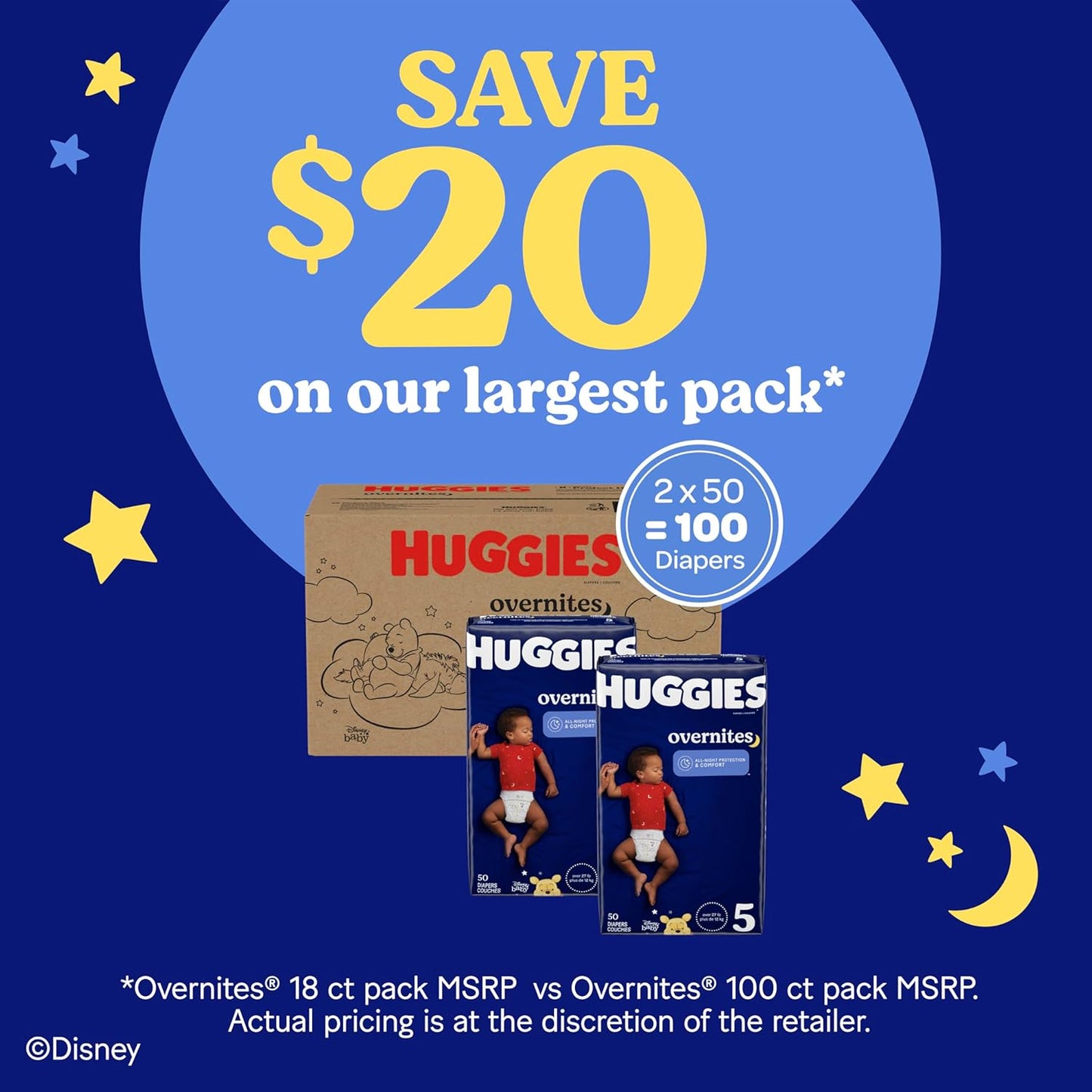 Huggies Size 5 Overnites Baby Diapers: Overnight Diapers, Size 5 (27+ lbs), 100 Ct (2 Packs of 50), Packaging May Vary