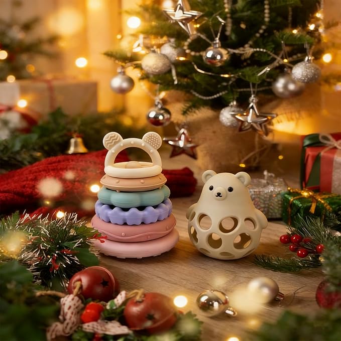 Baby Bear Teething & Stacking Toy Set - Teething Toys Silicone Teethers, Soft Baby Stacker Rings Teether, Learning Toy Gift for Boys and Girls 6+ Months (Pink)