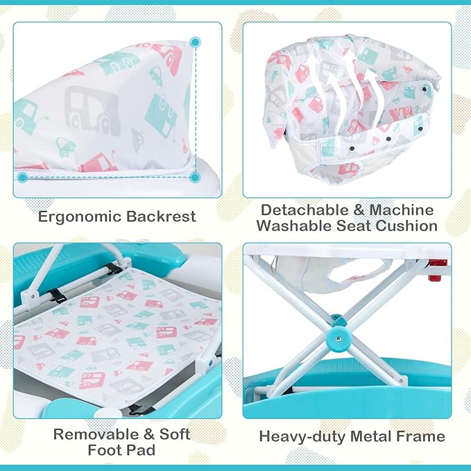 BABY JOY 6-in-1 Baby Walker, Foldable Baby Walker with Wheels, Adjustable Height, Music, Lights, Bouncer & Rocker Mode, Baby Walkers for Boys Girls 6-14 Months (Green)