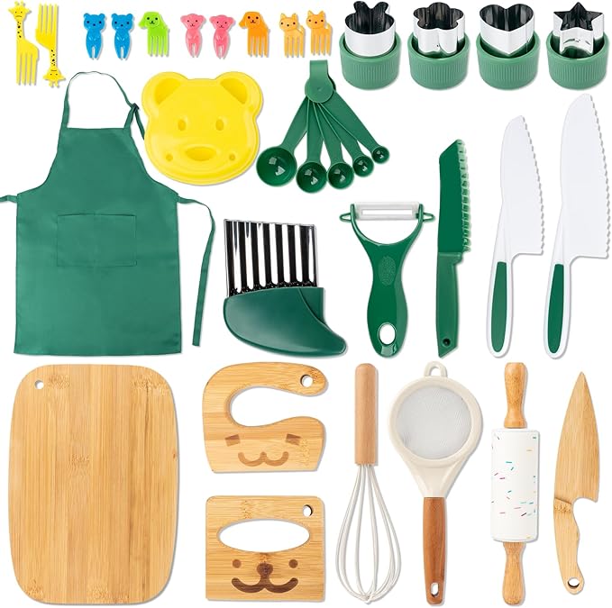 20 PCS Kids Safe Knife Set for Real Cooking, Montessori Kitchen Tools for Toddlers, Cooking & Baking Set for Little Chefs, Kids Kitchen Knife, Crinkle Cutter, Kid Apron for Girls Boys