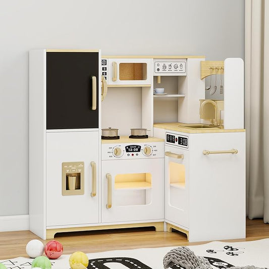 Kids Kitchen Playset with Lights & Sounds, Wooden Corner Play Kitchen with Sink,Oven, Ice Maker & Pretend Play Accessories, Educational Toy Kitchen Set for Toddlers, White