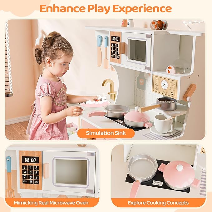 JOYMOR Kids Play Kitchen Sets, Toddler Kitchen w/Kitchen Sink & Ample Play Kitchen Accessories, Ideal for Creative Pretend Play for Children 3-10 (Cream&Gold)