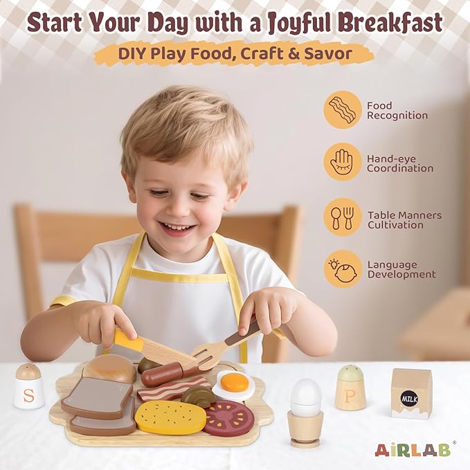 Airlab Toy Food for Toddler 3-5 Pretend Play Kids Kitchen Playset Breakfast Cutting Food Girl Boy Birthday Gift Age 3 4 5 6 Year Old Wood Educational Toys Kitchen Accessories