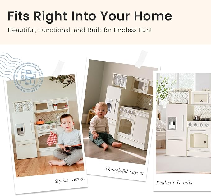 Tiny Land Play Kitchen for Kids, Upgraded Wooden Kitchen Toy with Complete Play Areas, Pretend Cooking Set with Sink, Stove, Microwave, Toy Coffee Station & Storage for Kids Ages 3+