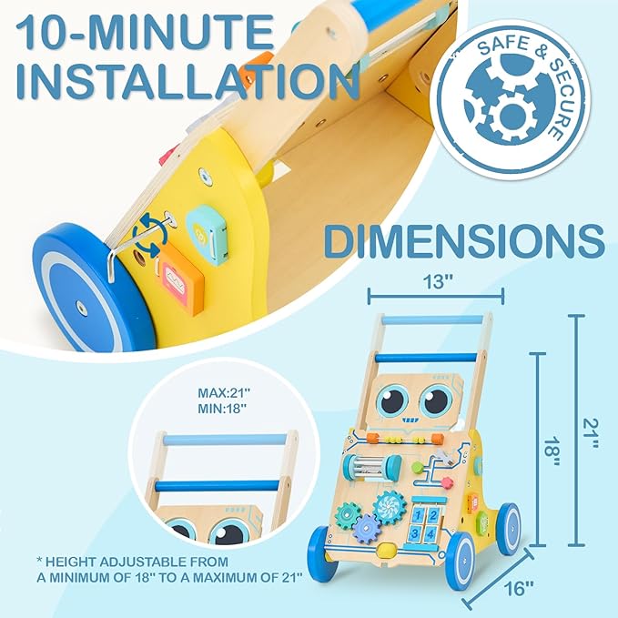 Monläurd® Robot Wooden Baby Walker, Adjustable Push ＆ Pull Toy, Montessori Activity Center, Learning Activity Walker - Ideal for Early Development & Motor Skills for Toddlers